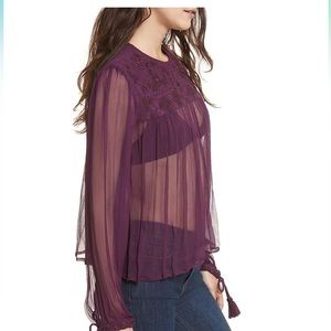 Free People Retro Femme Sheer Chiffon Dark Purple Blouse Top Women's XS NWT